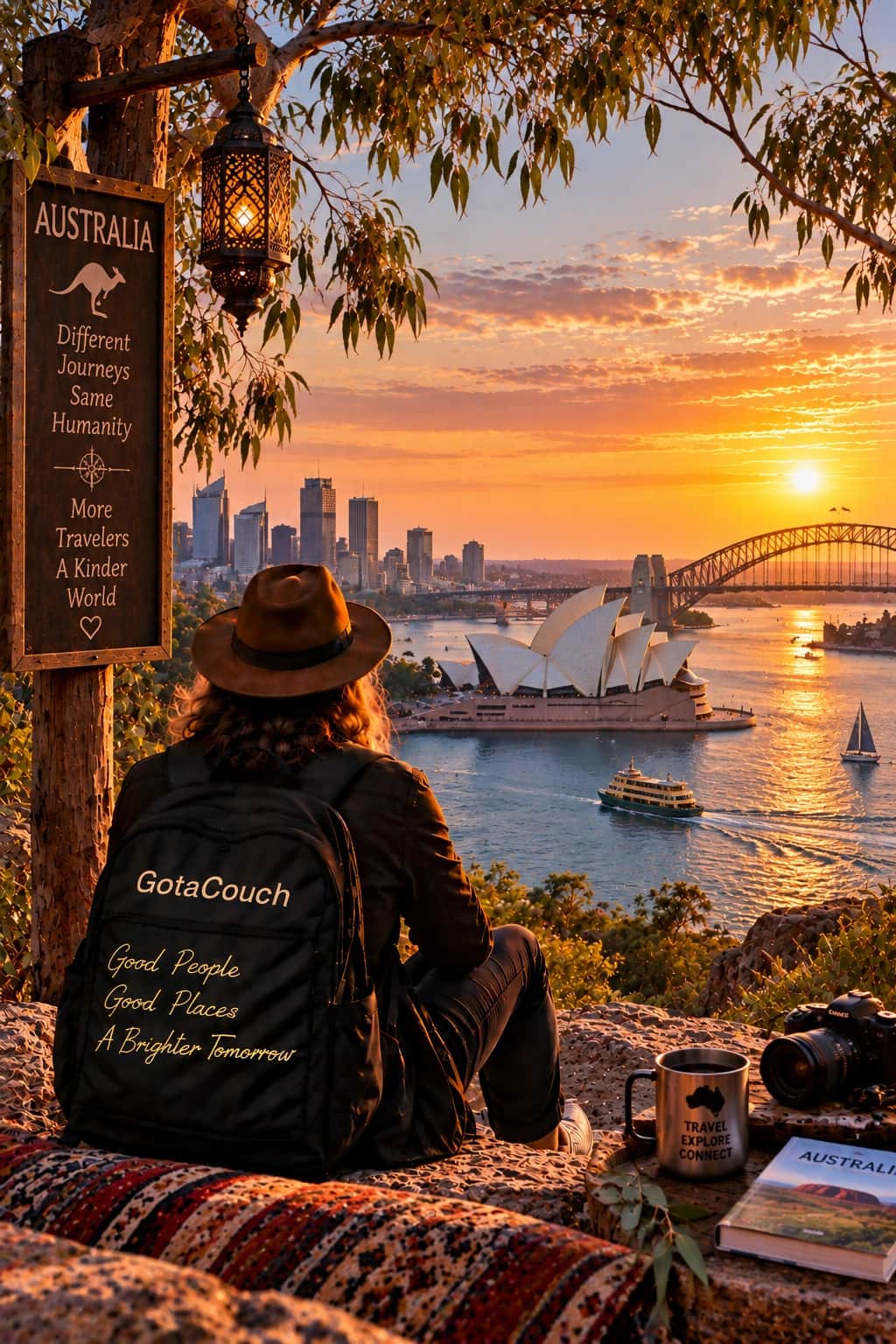 Sydney Opera House and the harbour at sunset